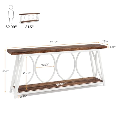 Tribesigns 70.9 inch Extra Long Console Table, Industrial Sofa Table Behind Couch with 2 Tier Storage Shelf, Narrow Entryway Hallway Accent Table for Living Room, White & Brown Tribesigns