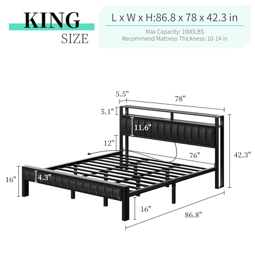 LUXOAK King Size LED Platform Bed Frame with Faux Leather Headboard and Built-in Charging Station - WoodArtSupply