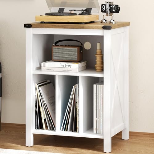 4 EVER WINNER Record Player Stand with Vinyl Storage, Record Stand with 3 Divider Open Shelf Holder Up to 160 Albums Cube Storage, Record Shelf with Outlet Hole for Album CD & Living Room, White 4 EVER WINNER