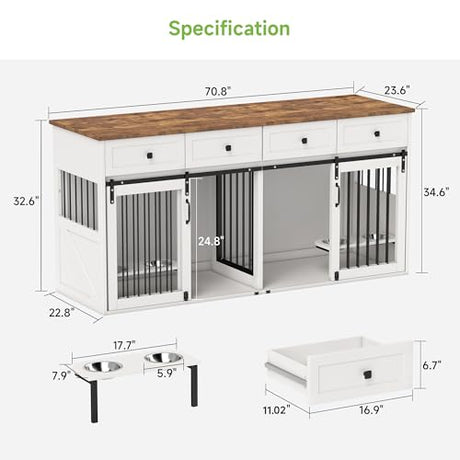 Real Relax Large Dog Crate Furniture, 71” Multi-Purpose Dog House w/Double Rooms, Divider and Sliding Barn Door, Steel Frame Indoor Double Dog Crate for Medium Small Dogs, White Real Relax