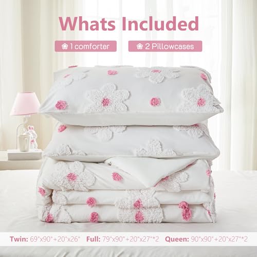 CotComf Twin Comforter Set for Girls 2 Pieces Tufted Daisies Flowers Twin Size Pink Floral Bedding Set Cute Comforter Set for Kids, Lightweight Bed Set for Kids Teen Girls Women CotComf