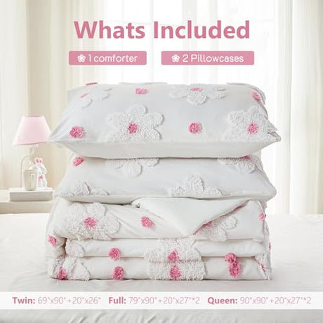 CotComf Twin Comforter Set for Girls 2 Pieces Tufted Daisies Flowers Twin Size Pink Floral Bedding Set Cute Comforter Set for Kids, Lightweight Bed Set for Kids Teen Girls Women CotComf