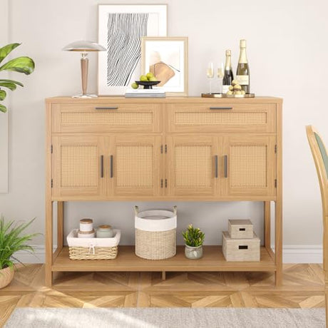 FiveWillowise Buffet Sideboard Cabinet with Open Storage, Boho Storage Cabinet with Rattan Doors and Drawers, Rattan Console Table Coffee Bar Buffet Table for Entryway, Kitchen, Living Room FiveWillowise