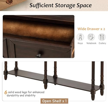 Amposei Retro Classic Wood Console Table 58-Inch Long Narrow Sofa Entry Table with Drawers & Open Shelf for Living Room Entrance Hallway Furniture, Espresso Amposei