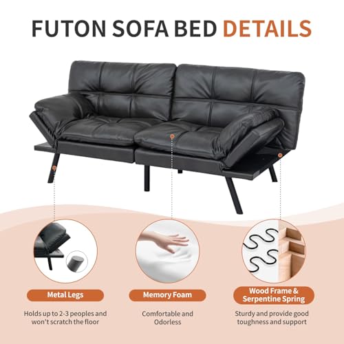 MUUEGM Memory Foam Futon Sofa Bed, Convertible Couch, Modern Loveseat Sleeper for Small Space, Apartment, Living Room - Adjustable Backrests and Armrests, Matte Black MUUEGM