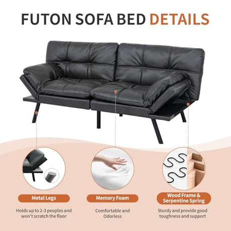 MUUEGM Memory Foam Futon Sofa Bed, Convertible Couch, Modern Loveseat Sleeper for Small Space, Apartment, Living Room - Adjustable Backrests and Armrests, Matte Black MUUEGM