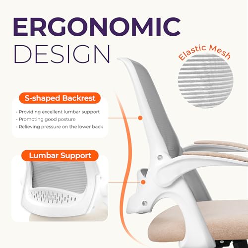 NEO CHAIR Office Desk Computer Gaming Ergonomic Chair with Lumbar Back Support Adjustable Height Swivel Wheels Flip-up Arms Mesh Chair for Home or Office (Beige) NEO CHAIR