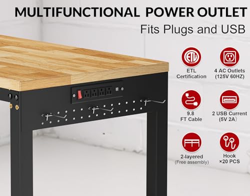 MUWOOD 72”Heavy Duty Work Bench, 2-Layer Adjustable Workbench, 5000 LBS Capacity Work Bench with Power Outlet & Pegboard, Rubber Wood Work Table for Garage, Workshop, Office, Home MUWOOD