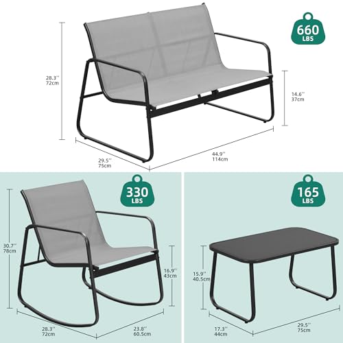 YITAHOME 4 Piece Patio Furniture Set, Small Backyard Bistro Rocking Chairs, Loveseat and Glass Table, Textilene Outdoor Conversation Set for Lawn, Garden, Balcony, Poolside (Grey) - WoodArtSupply