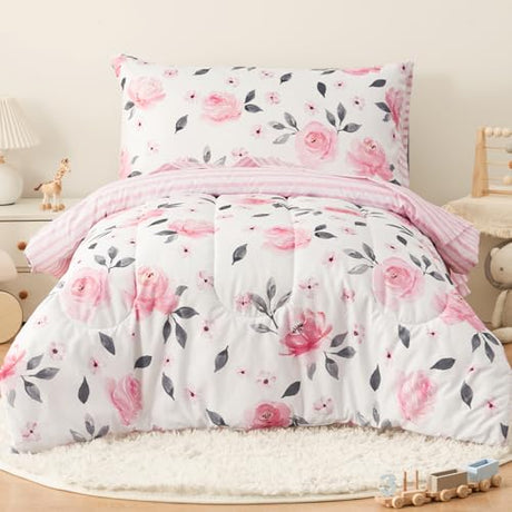 PHF 4 Piece Toddler Bedding Set, Ultra Soft Toddler Comforter Sets Include Comforter, Fitted Sheet, Flat Top Sheet and Pillowcase for Girls, Floral Bed in A Bag for Baby Bedroom, Floral PHF