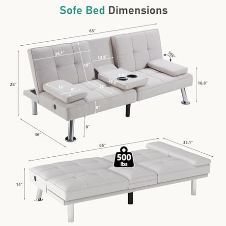 HAOMARKETS Futon Sofa Bed with USB Charging Port, Convertible Futon Couch with 2 Cup Holders,Modern Folding Loveseat Sleeper Couches for Small Spaces, Living Room, White HAOMARKETS