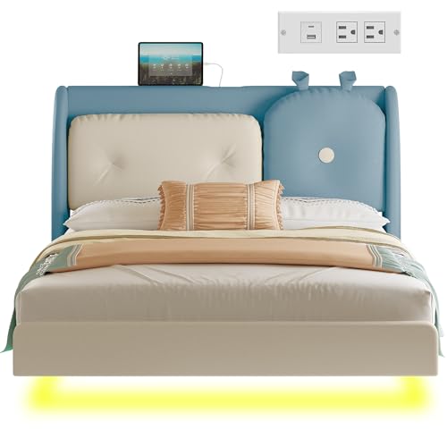 LIKIMIO Full Floating Bed Frame, Platform Bed Frame with Leather Upholstered Headboard, LED Light & Charging Station, Solid Wood Slats Support, No Box Spring Needed, Blue LIKIMIO