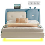 LIKIMIO Full Floating Bed Frame, Platform Bed Frame with Leather Upholstered Headboard, LED Light & Charging Station, Solid Wood Slats Support, No Box Spring Needed, Blue LIKIMIO
