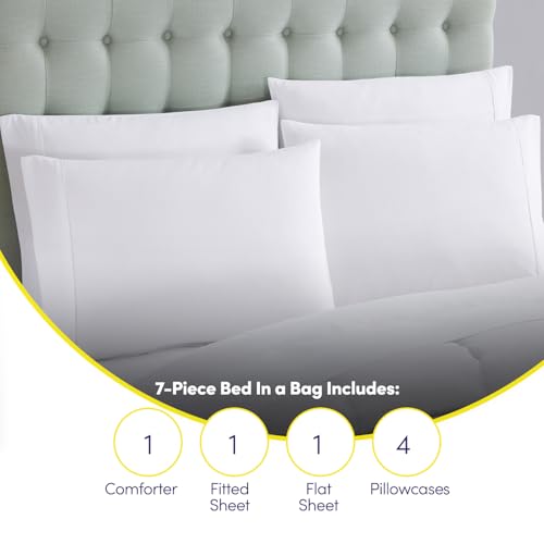 Sweet Home Collection 7 Piece Comforter Set Bag Solid Color All Season Soft Down Alternative Blanket & Luxurious Microfiber Bed Sheets, White, Queen Sweet Home Collection