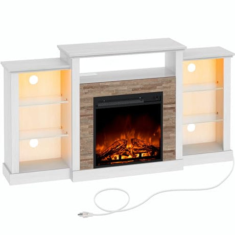 Rolanstar Fireplace TV Stand with LED Lights and Power Outlets, TV Console for 32" 43" 50" 55" 65", Entertainment Center with Adjustable Glass Shelves, Ivory White Rolanstar