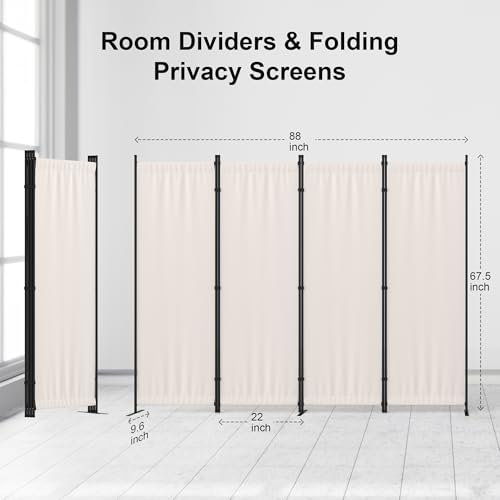Kecreque Room Divider 4 Panel Partition Room Dividers & Folding Privacy Screens w/ 3 Metal Feet,88" W Portable Wall Doubles as a Dressing Screen Wall Divider for Office Bedroom Children's Room,White Kecreque