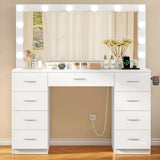 Quimoo Vanity Desk with Large Lighted Mirror and Power Outlet, 46" Makeup Vanity with 9 Drawers and Glass Desktop, Vanity Table with 12 LED Lights, 3 Lighting Color Adjustable (White) Quimoo