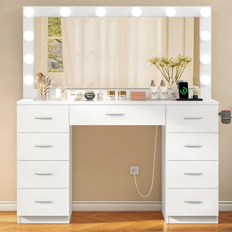 Quimoo Vanity Desk with Large Lighted Mirror and Power Outlet, 46" Makeup Vanity with 9 Drawers and Glass Desktop, Vanity Table with 12 LED Lights, 3 Lighting Color Adjustable (White) Quimoo
