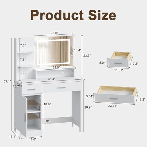 ProsperHaven Vanity Desk with LED Mirror and Lights, Makeup Vanity Table with Power Outlet, Drawers, Cabinet, Dressing Table with Open Storage Shelves for Bedroom, Dressing Room, White ProsperHaven