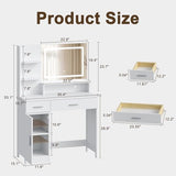 ProsperHaven Vanity Desk with LED Mirror and Lights, Makeup Vanity Table with Power Outlet, Drawers, Cabinet, Dressing Table with Open Storage Shelves for Bedroom, Dressing Room, White ProsperHaven