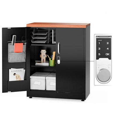 METALTIGER Metal Storage Cabinet, 40" H Small Cabinet with Digital Lock, Locking Storage Cabinet with Doors and Shelves (Black & Woodlike Top)