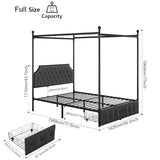 Keyluv Full Upholstered Canopy Bed Frame with 2 Storage Drawers & Button Tufted Headboard, Metal Platform Bed with 4 Removable Posts, Two-Purpose Velvet Bed, Dark Grey/Curtain Not Included