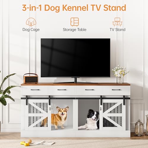 SELOOYE Dog Crate Furniture for 2 Dogs 71'' Extra Large Wooden Double Dog Crate TV Stand with Removable Divider, Multi-Functional Dog Cage with 4 Storage Drawers & 4 Doors for Large & Medium Dogs SELOOYE
