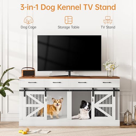 SELOOYE Dog Crate Furniture for 2 Dogs 71'' Extra Large Wooden Double Dog Crate TV Stand with Removable Divider, Multi-Functional Dog Cage with 4 Storage Drawers & 4 Doors for Large & Medium Dogs SELOOYE