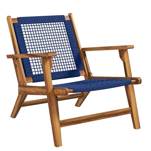 Outsunny Patio Acacia Wood Adirondack Chair, Modern Wood Fire Pit Chair with PP Rope Weave, Coconino Lounge Chair with High Backrest Support, Dark Blue - WoodArtSupply