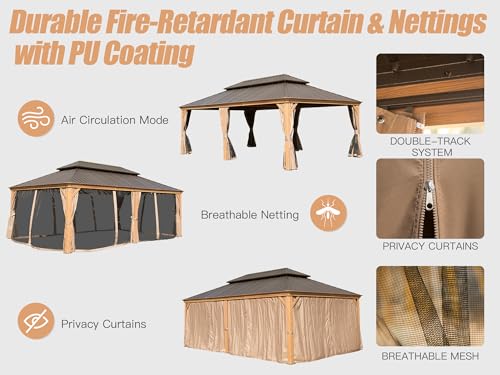 Domi 14x24FT Hardtop Gazebo, Permanent Wood Grain Metal Gazebo with Galvanized Steel Double Roof and Aluminum Frame, Curtain and Netting, Large Pavilion Gazebo, Wood Looking domi outdoor living
