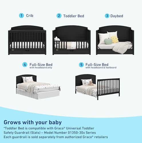 Graco Bellwood 5-in-1 Convertible Crib with Drawer (Black) - GREENGUARD Gold Certified, Full-Size Storage Drawer, Converts to Toddler Bed and Full-Size Bed STORK CRAFT