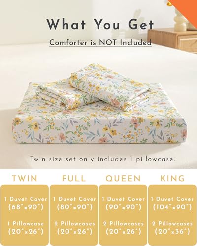100% Natural Cotton Duvet Cover Twin Size 2Pcs - Yellow Duvet Cover with Pink & Green Flowers and Leaves on White,Reversible Floral Comforter Cover Sets with Button Closure(68"×90"，1 Pillowsham） ALEISSEL