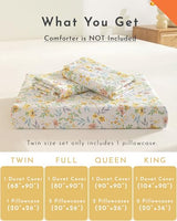 100% Natural Cotton Duvet Cover Twin Size 2Pcs - Yellow Duvet Cover with Pink & Green Flowers and Leaves on White,Reversible Floral Comforter Cover Sets with Button Closure(68"×90"，1 Pillowsham） ALEISSEL