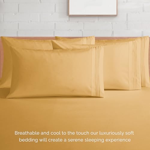 Elegant Comfort 1500 Premium Quality 6-Piece Bed Sheet Set - 18-24 Inch Extra Deep Pocket, Smart Storage Pockets, Wrinkle Free Ultra Soft 6PC Extra Deep Pocket Sheets, Queen, Gold Elegant Comfort