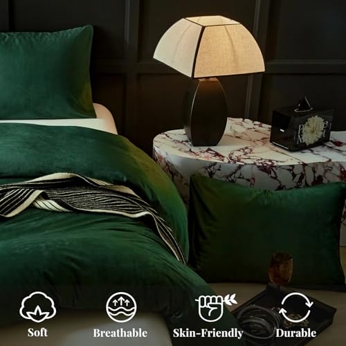 WARMDERN Emerald Green Flannel Velvet Duvet Cover King Size Duvet Cover Bedding Sets, 3pcs Ultra Soft Luxury Textured Modern Crystal Velvet Duvet Covers with Zipper Closure(Emerald Green, King) WARMDERN