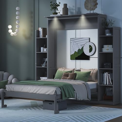 Merax Full Size Murphy Bed with 2 Five-Layer Cabinet, Modern Wall Bed with Shelves and LED Lights, Foldable Wood Platform Bed Folded into Cabinet for Guest Room, Home and Office, Grey Merax