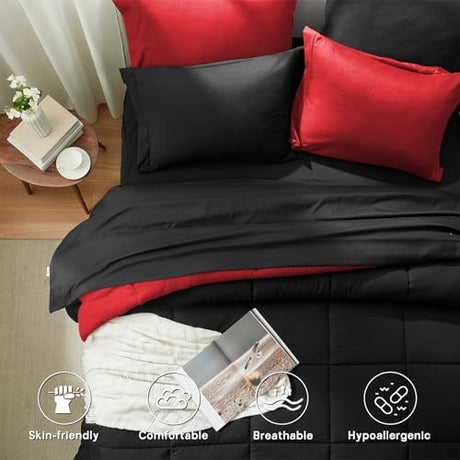 Anluoer Twin Comforter Set 5 Pieces, Black Bed in a Bag Bedding Set with 1 Comforter(68"*88"), 1 Pillow Sham, 1 Pillowcase, 1 Flat Sheet, 1 Fitted Sheet(39"*75") Anluoer