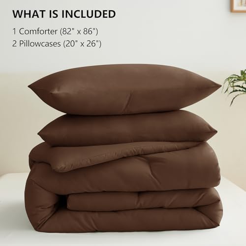 CozyLux Full Size Comforter Set Brown, 3 Pieces Solid Breathable Quilted Style Bedding Sets, Luxury Fluffy Soft Bed Set with Down Alternative Comforter for All Season (1 Comforter & 2 Pillowcases) CozyLux