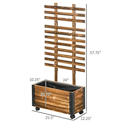 Outsunny Raised Garden Bed with Trellis, 58" Outdoor Wooden Planter Box with Wheels, for Vine Plants Flowers Climbing and Planting, Brown - WoodArtSupply