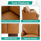 Naomi Home Siggy Genuine Leather Sofa - Luxurious Comfort, Goose Feather Cushion Filling, Square Arm Design, Sturdy Block Legs, Elegant Tan - Ideal for Living Room, Office, or Bedroom Naomi Home
