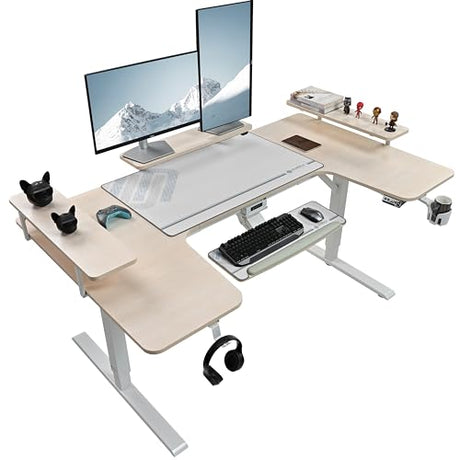 EUREKA ERGONOMIC Gaming Standing Desk with Keyboard Tray,74" U Shaped Studio Desk for Recording&Live,Electric Height Adjustable Desk w LED Convertible Shelves,Maple EUREKA ERGONOMIC