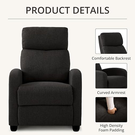 zzlay Recliner Chair for Living Room, Modern Adjustable Home Theater Seating Single Sofa Manual Push Back Armchair with Soft Linen Upholstery & High Backrest for Small Spaces, Linen-Black zzlay