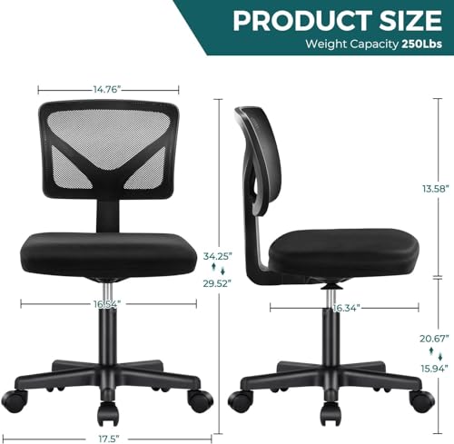 DUMOS Armless Office Chairs with Wheels, Ergonomic Adjustable Home Desk Swivel Rolling Task Chair No Arms, Comfy Mesh Mid Back Computer Work Vanity Desk Chairs for Small Spaces, Dark Black DUMOS