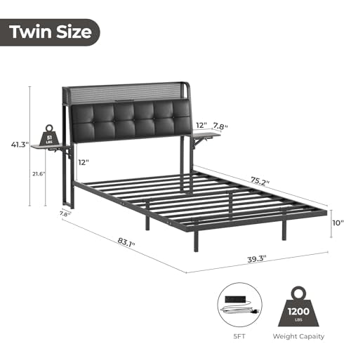 Salamir Twin Floating Bed Frame with LED & Charging Station, Ergonomic Upholstered Headboard with Folding Shelves Storage, Metal Slats, No Box Spring Needed, Easy Assembly, Noise-Free, Black Leather Salamir