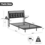 Salamir Twin Floating Bed Frame with LED & Charging Station, Ergonomic Upholstered Headboard with Folding Shelves Storage, Metal Slats, No Box Spring Needed, Easy Assembly, Noise-Free, Black Leather Salamir