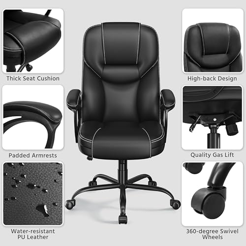 Yaheetech High Back Executive Office Chair Faux Leather Ergonomic Managerial Chair for Meeting,Large Seat,Sturdy Metal Base,Black Yaheetech