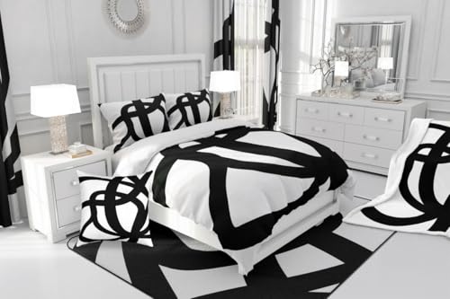 jejeloiu Stripe Line Sheet Set King Size Kids Geometric Sheets with Deep Pocket Fitted Sheet for Boys Girls Teens Black and White Bed Sheets Set Breathable Abstract Bedding Room Decor Modern Art jejeloiu