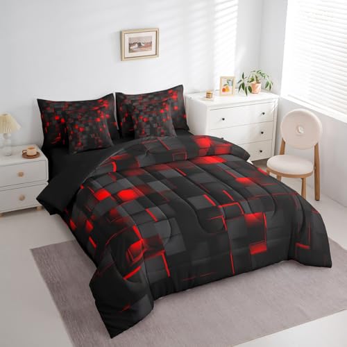 Feelyou Red and Black Bedding Set Full Size Light Geometric Comforter Set with Sheets 7 Piece for Kids Boys Girls Decor Bed in a Bag Modern Bed Set Feelyou