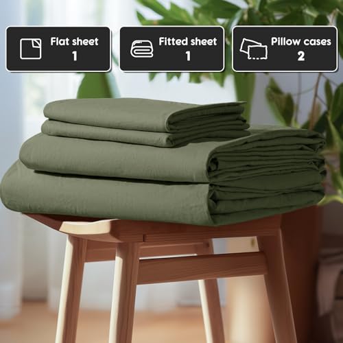 SONORO KATE 100% French Pure Linen Queen Size Sheets, Breathable and Durable, 16 Inch Deep Pocket - 4 Piece (Olive Green) SONORO KATE