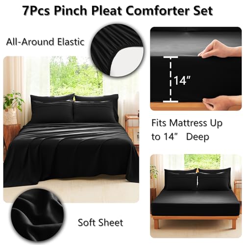 CozyLux Queen Comforter Set Black, 7 Pieces Soft Pinch Pleat Bed in a Bag Queen Comforter Set with Sheets, Boho Bed Set with Down Alternative Comforter, Sheets, Pillowcases & Shams CozyLux
